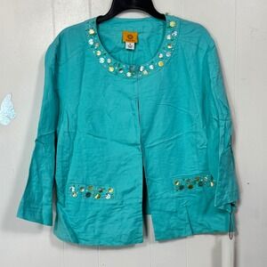 Ruby Rd. Embellished Linen Blend Jacket Size‎ 18 Aqua Turquoise Blue Womens New